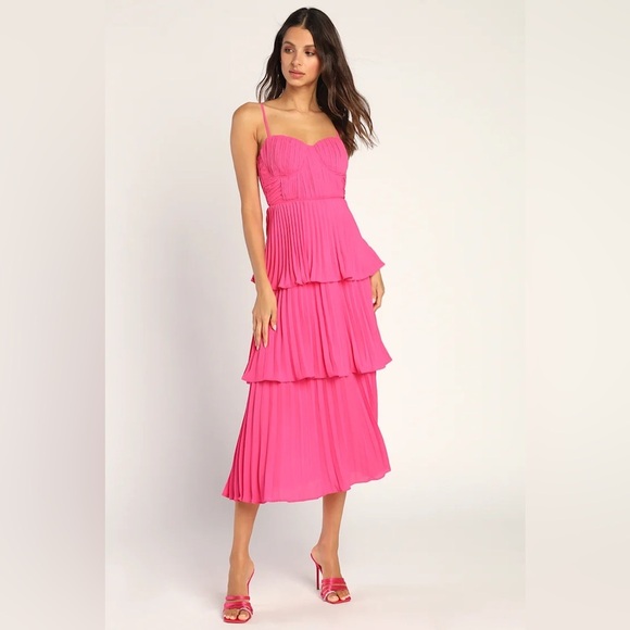 Lulus Dresses & Skirts - NWOT Lulus Cascading Crush Hot Pink Tiered Bustier Midi Dress  Ruffle Barbie